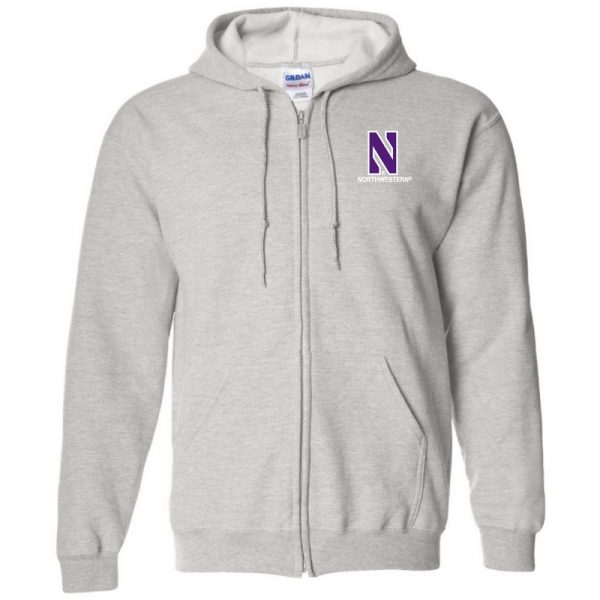 Northwestern University Wildcats Men's Ash Grey Full-Zip Hooded Sweatshirt with Left Chest Embroidered Stylized N & Northwestern Design