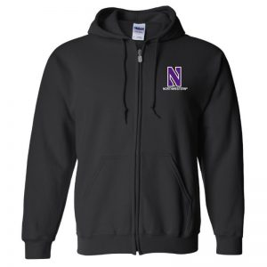Northwestern University Wildcats Men's Black Full-Zip Hooded Sweatshirt with Left Chest Embroidered Stylized N & Northwestern Design
