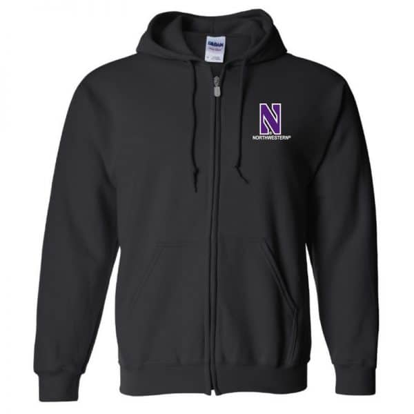 Northwestern University Wildcats Men's Black Full-Zip Hooded Sweatshirt with Left Chest Embroidered Stylized N & Northwestern Design