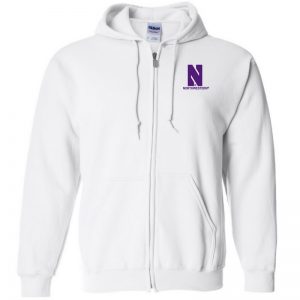 Northwestern University Wildcats Men's White Full-Zip Hooded Sweatshirt with Left Chest Embroidered Stylized N & Northwestern Design