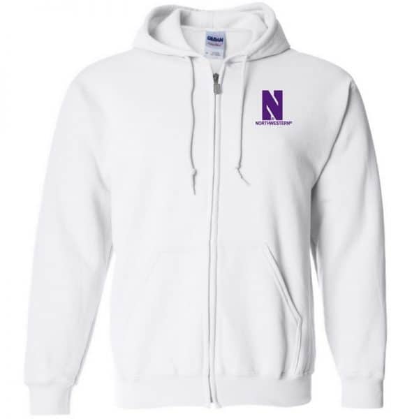 Northwestern University Wildcats Men's White Full-Zip Hooded Sweatshirt with Left Chest Embroidered Stylized N & Northwestern Design