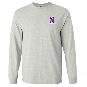 Northwestern University Wildcats Men's Ash Grey Long Sleeve Tee Shirt with Left Chest Embroidered Stylized N & Northwestern Design
