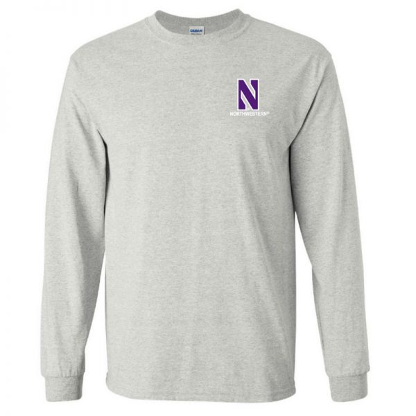 Northwestern University Wildcats Men's Ash Grey Long Sleeve Tee Shirt with Left Chest Embroidered Stylized N & Northwestern Design