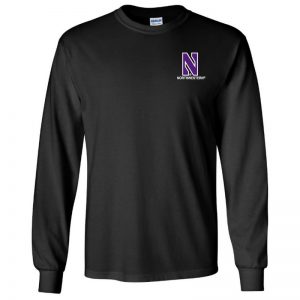 Northwestern University Wildcats Men's Black Long Sleeve Tee Shirt with Left Chest Embroidered Stylized N & Northwestern Design