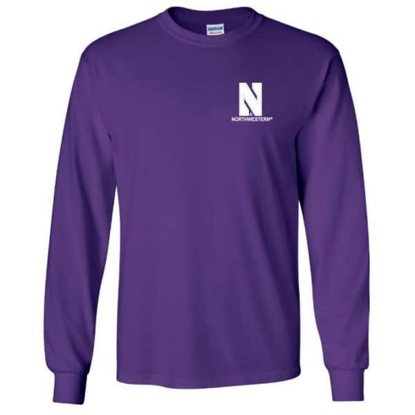 Northwestern University Wildcats Men's Purple Long Sleeve Tee Shirt with Left Chest Embroidered Stylized N & Northwestern Design