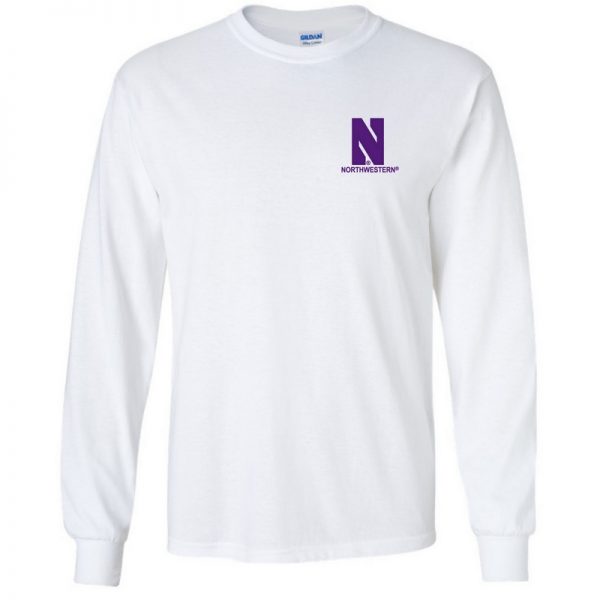 Northwestern University Wildcats Men's White Long Sleeve Tee Shirt with Left Chest Embroidered Stylized N & Northwestern Design
