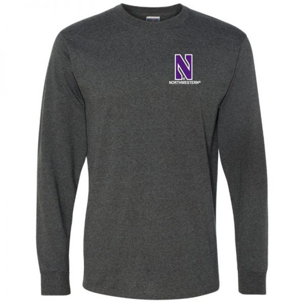 Northwestern University Wildcats Men's Black Heather Long Sleeve Tee Shirt with Left Chest Embroidered Stylized N & Northwestern Design