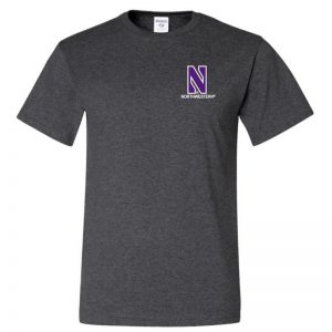 Northwestern University Wildcats Men's Black Heather Short Sleeve Tee Shirt with Left Chest Embroidered Stylized N & Northwestern Design