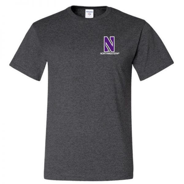 Northwestern University Wildcats Men's Black Heather Short Sleeve Tee Shirt with Left Chest Embroidered Stylized N & Northwestern Design
