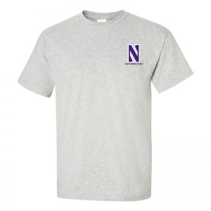 Northwestern University Wildcats Men's Ash Grey Short Sleeve Tee Shirt with Left Chest Embroidered Stylized N & Northwestern Design