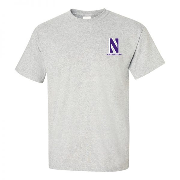Northwestern University Wildcats Men's Ash Grey Short Sleeve Tee Shirt with Left Chest Embroidered Stylized N & Northwestern Design