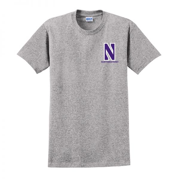 Northwestern University Wildcats Men's Sport Grey Short Sleeve Tee Shirt with Left Chest Embroidered Stylized N & Northwestern Design