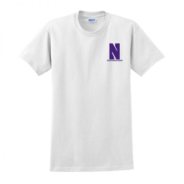 Northwestern University Wildcats Men's White Short Sleeve Tee Shirt with Left Chest Embroidered Stylized N & Northwestern Design