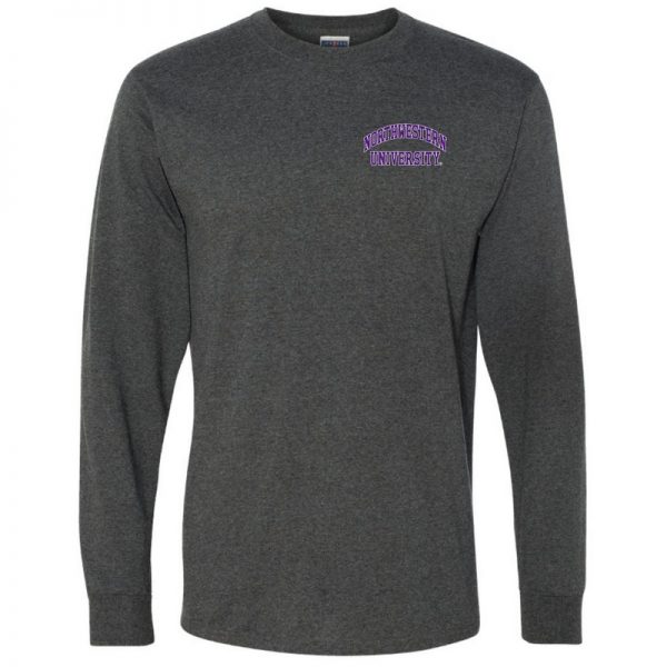 Northwestern University Wildcats Men's Black Heather Long Sleeve Tee Shirt with Left Chest Embroidered Northwestern University Design