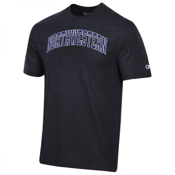Northwestern University Wildcats Men's Black Short Sleeve Tee Shirt with Vintage Appliqué Arched Northwestern Design