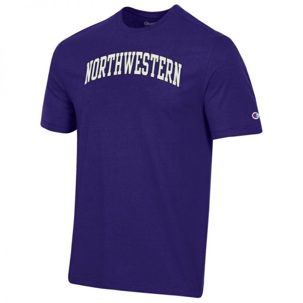 Northwestern University Wildcats Men's Purple Short Sleeve Tee Shirt with Vintage Appliqué Arched Northwestern Design -2