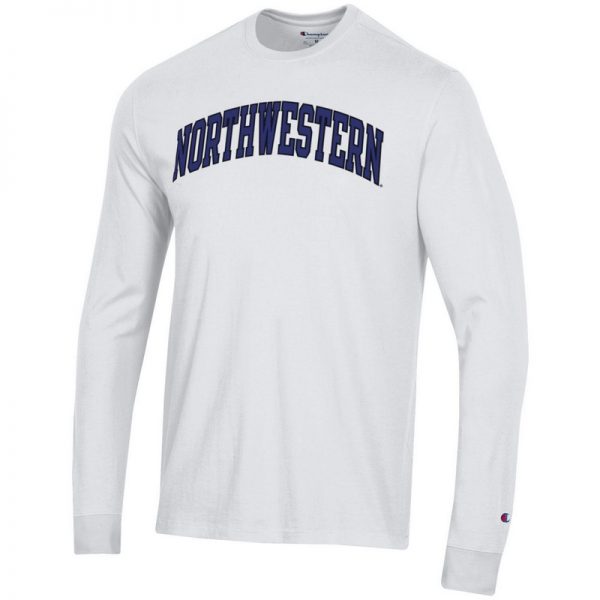 Northwestern University Wildcats Men's White Long Sleeve Tee Shirt with Vintage Appliqué Arched Northwestern Design