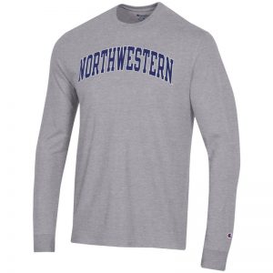 Northwestern University Wildcats Men's Heritage Grey Long Sleeve Tee Shirt with Vintage Appliqué Arched Northwestern Design