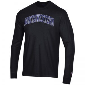 Northwestern University Wildcats Men's Black Long Sleeve Tee Shirt with Vintage Appliqué Arched Northwestern Design