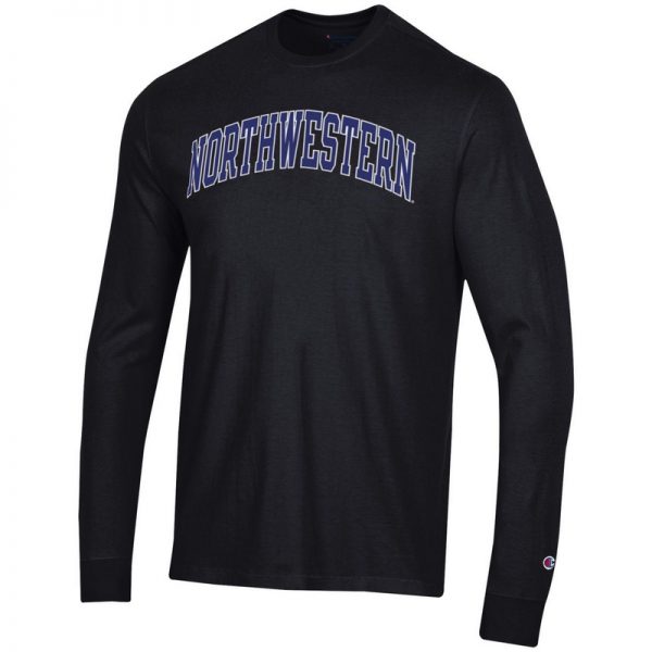 Northwestern University Wildcats Men's Black Long Sleeve Tee Shirt with Vintage Appliqué Arched Northwestern Design