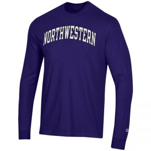 Northwestern University Wildcats Men's Purple Long Sleeve Tee Shirt with Vintage Appliqué Arched Northwestern Design