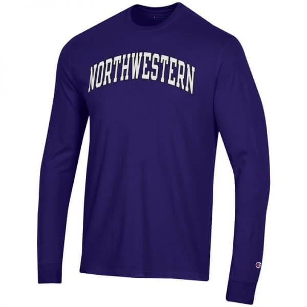 Northwestern University Wildcats Men's Purple Long Sleeve Tee Shirt with Vintage Appliqué Arched Northwestern Design