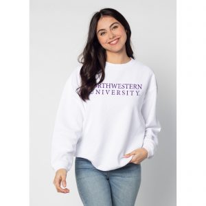 Northwestern University Wildcats Chicka-d Pure White Crewneck Sweatshirt With Distressed Northwestern University Design