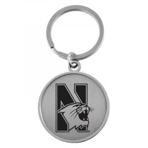 Northwestern University Wildcats Laser Engraved Silver Circular Contemporary Metal Keychain with N-Cat Design