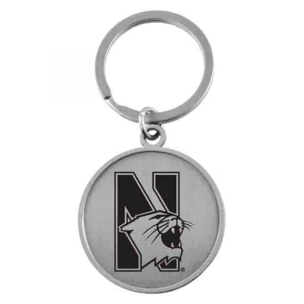 Northwestern University Wildcats Laser Engraved Silver Circular Contemporary Metal Keychain with N-Cat Design