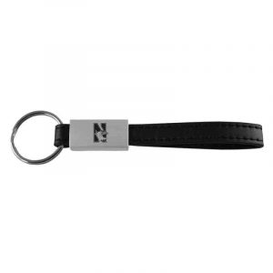 Northwestern University Wildcats Laser Engraved Black Leather Strap Keychain with N-Cat Design