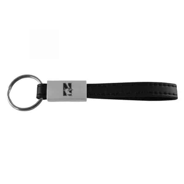 Northwestern University Wildcats Laser Engraved Black Leather Strap Keychain with N-Cat Design