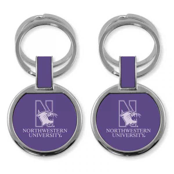 Northwestern University Wildcats Laser Engraved Purple Double Ring Keychain with N-Cat & Northwestern University Design