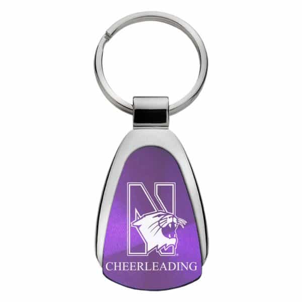 Northwestern University Wildcats Laser Engraved Purple Teardrop Key Chain with N-Cat & Cheerleading Design