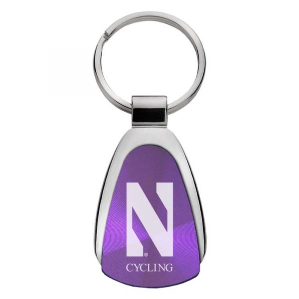 Northwestern University Wildcats Laser Engraved Purple Teardrop Keychain with Stylized N & Cycling Design