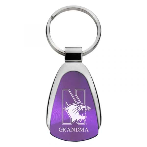 Northwestern University Wildcats Laser Engraved Purple Teardrop Keychain with Mascot & Grandma Design