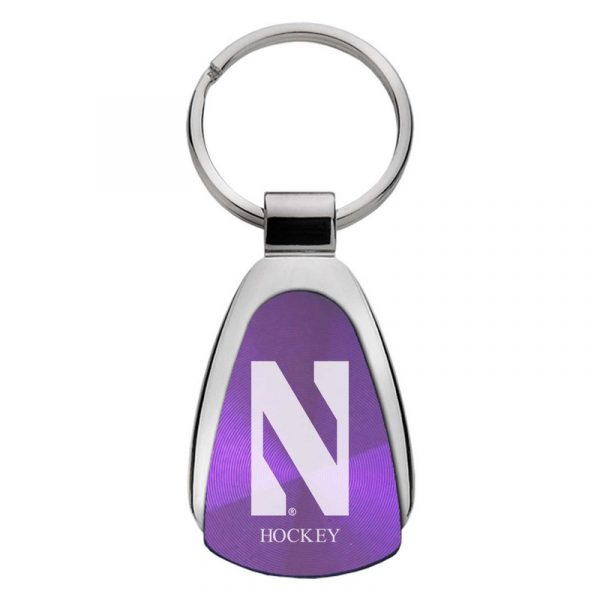 Northwestern University Wildcats Laser Engraved Purple Teardrop Keychain with Stylized N & Hockey Design