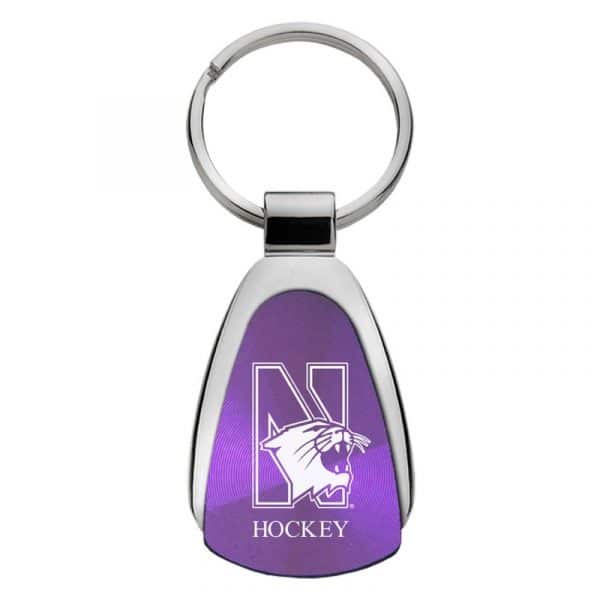 Northwestern University Wildcats Laser Engraved Purple Teardrop Key Chain with N-Cat & Hockey Design