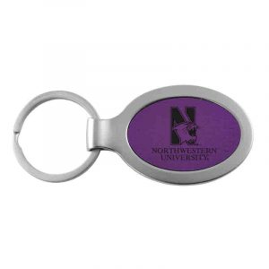 Northwestern University Wildcats Laser Engraved Purple Oval with Metal Border Keychain with N-Cat & Northwestern University Design
