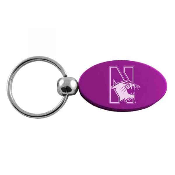 Northwestern University Wildcats Laser Engraved Purple Oval Keychain with N-Cat Design