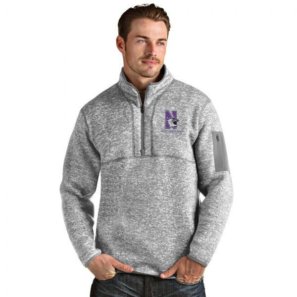 Northwestern University Wildcats Men's Antigua Fortune 1/4 Zip in Light Grey Heather & N-Cat Design