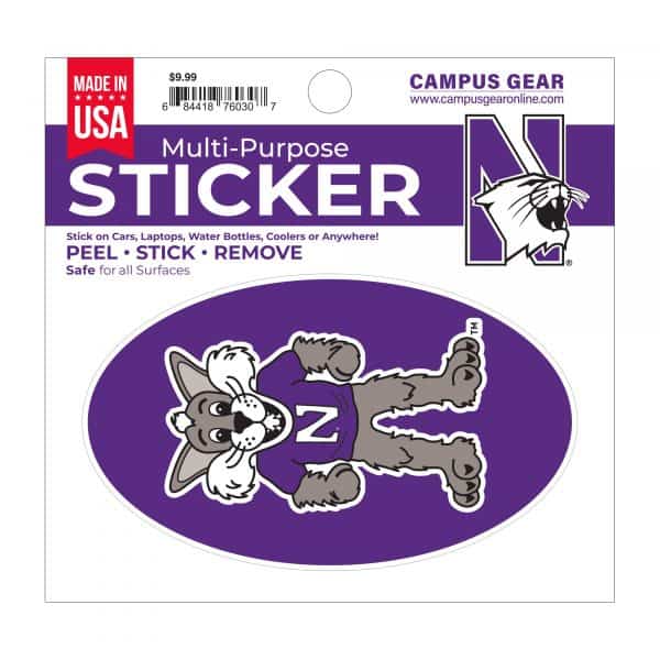 Northwestern University Wildcats Full Color Outside Application 3"X5" Oval Multi-Purpose Sticker Design #6 Willie The Wildcat