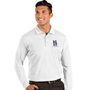 Northwestern University Wildcats Men's Antigua White L/S Tribute Polo Shirt with N-Cat Design