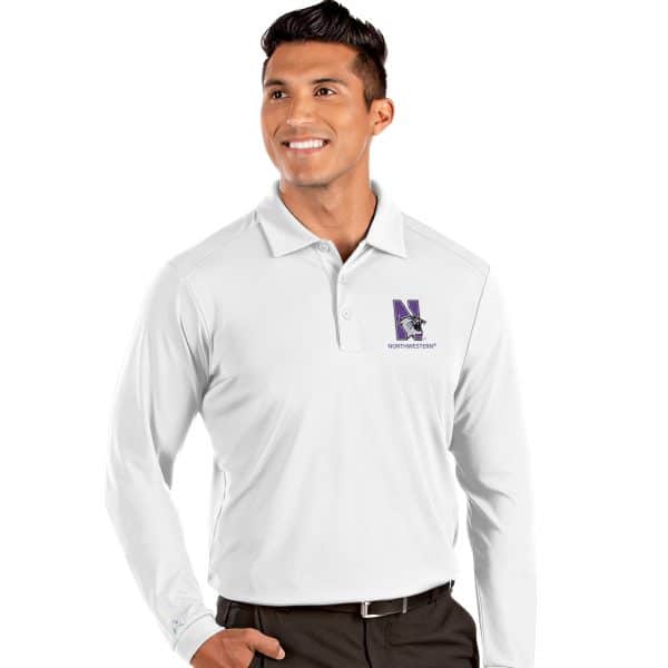 Northwestern University Wildcats Men's Antigua White L/S Tribute Polo Shirt with N-Cat Design