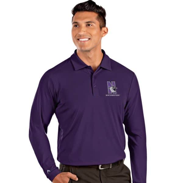 Northwestern University Wildcats Men's Antigua Purple L/S Tribute Polo Shirt with N-Cat Design