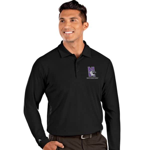 Northwestern University Wildcats Men's Antigua Black L/S Tribute Polo Shirt with N-Cat Design