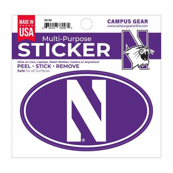 Northwestern University Wildcats Full Color Outside Application 3"X5" Oval Multi-Purpose Sticker Design #12 Stylized N