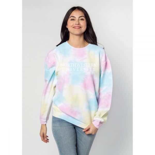 Northwestern University Wildcats Chicka-d Pastel Color Tie-Dye Crewneck Sweatshirt with Distressed Northwestern University Design