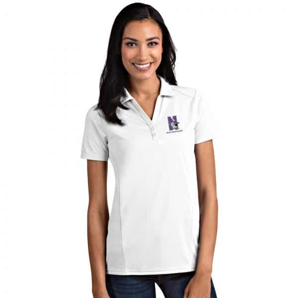 Northwestern University Wildcats Women's Antigua White Tribute Polo Shirt with N-Cat Design