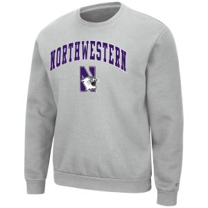 Northwestern University Wildcats Men's Silver Colosseum Crewneck Sweatshirt With Sewn Arched Northwestern Over N-Cat Design
