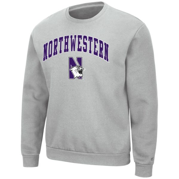 Northwestern University Wildcats Men's Silver Colosseum Crewneck Sweatshirt With Sewn Arched Northwestern Over N-Cat Design
